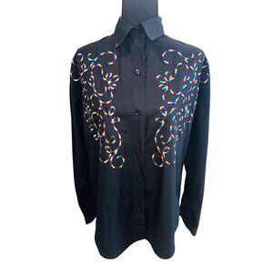 Vintage Frontier Womens Black L/S Button Western Shirt Embroidery L Cowgirl Top